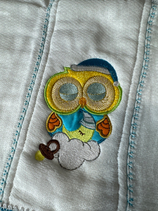 Blue Baby owl Baby Burp Cloth