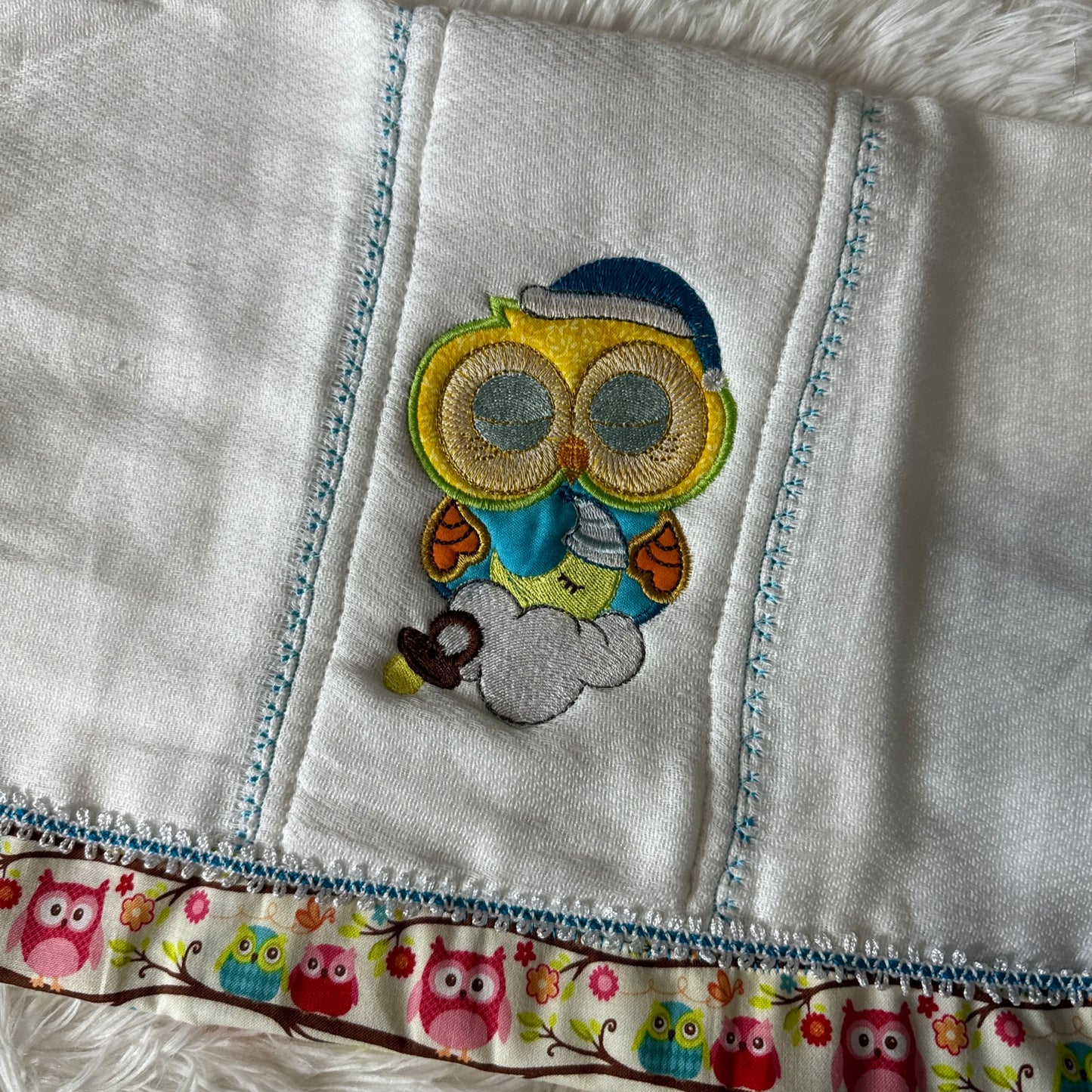 Blue Baby owl Baby Burp Cloth